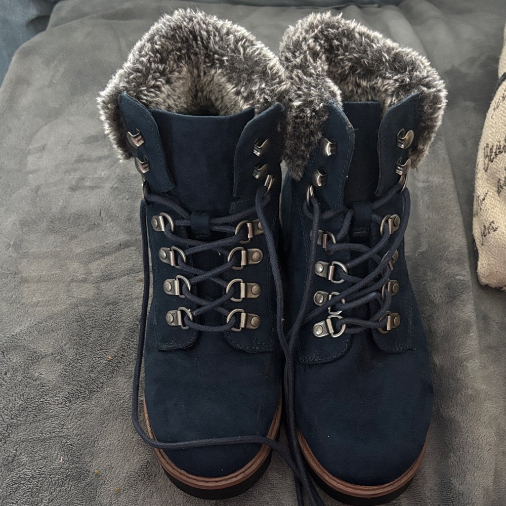 White Mountain Navy Faux-Suede Lace-Up Boots with Faux-Fur Collar
